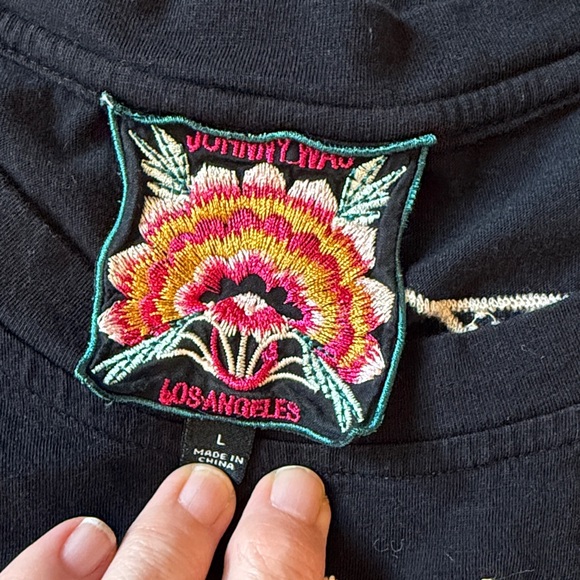 Johnny Was Black Tee with White Embroidery - Picture 2 of 5